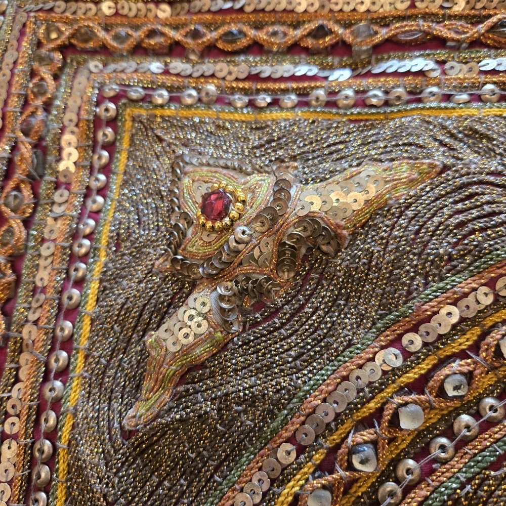 Vintage Thai Kalaga Hanging Tapestry Embroidery Sequins Asian Art Decor 33.5x30